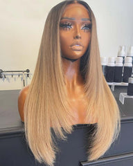 Ciara | Honey Blonde Layers with Dark Roots Human Hair Lace Wig