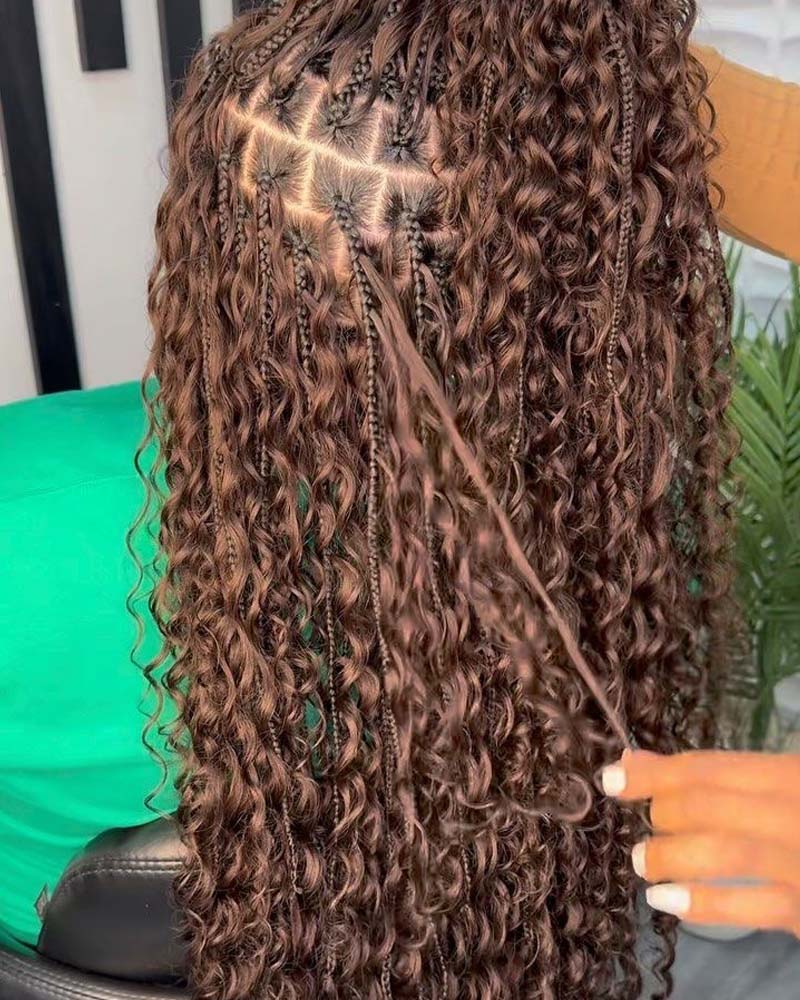 Tresses bohèmes brunes ondulées profondes, cheveux humains tressés sans trame