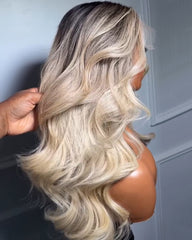Natasha | Dark Roots Ash Milky Blonde Raw Hair Balayage Wig