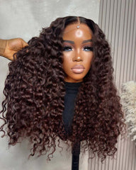 Ursula | Perruque ondulée en cheveux humains châtain foncé avec dentelle HD sans colle