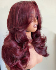 Ruby | Human Hair Burgundy Layers with Curtain Bangs Glueless Wig