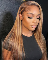 Alisha | Peruca frontal de renda transparente 13x4 com madeixas loiras mel em cabelo humano