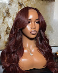 Beatrice | Dark Burgundy Curtain Bangs Human Hair Glueless Wig