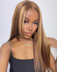 Alisha | Peruca frontal de renda transparente 13x4 com madeixas loiras mel em cabelo humano