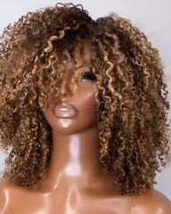 Perruque Lace HD sans colle 100 % cheveux humains, bouclés et crépus, à reflets