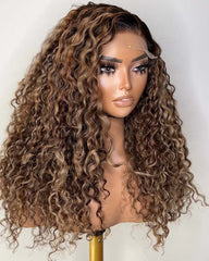 Milão | Peruca de cabelo humano com ondas de água e madeixas caramelo HD Lace sem cola