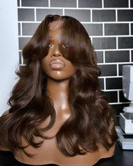 Beatrice | Brown Human Hair Curtain Bangs with Layers Glueless Wig