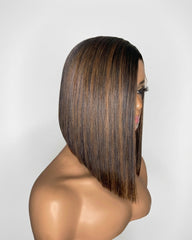 Bianca | Perruque bob asymétrique sans colle avec raie latérale et mèches marron