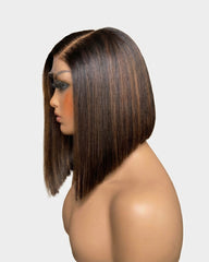 Bianca | Perruque bob asymétrique sans colle avec raie latérale et mèches marron