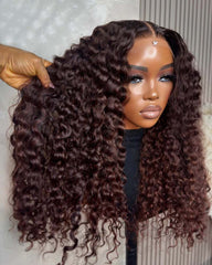 Ursula | Perruque ondulée en cheveux humains châtain foncé avec dentelle HD sans colle