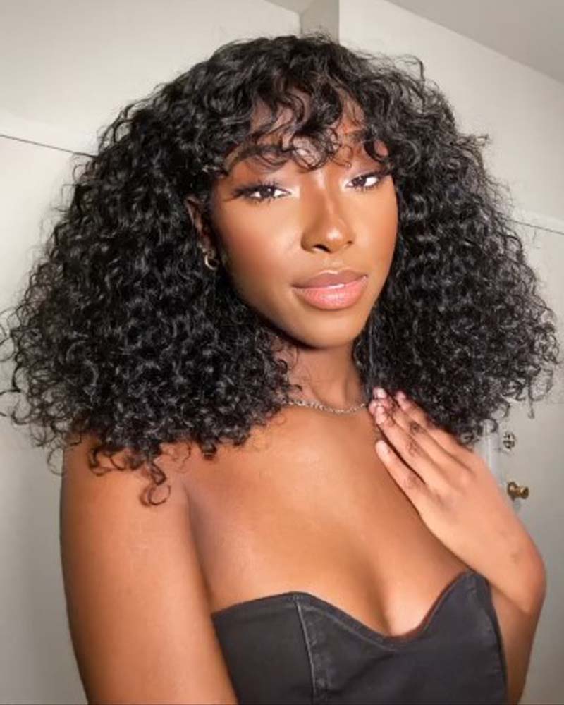 Kori | Cabelo cacheado com franja (sem renda) Peruca feita à máquina