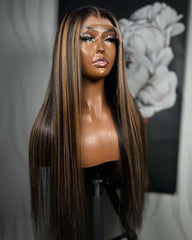 Tasha | Top Virgin Hair Honey Blonde Highlight Straight 13x4 Transparent Lace Frontal  Glueless Wig
