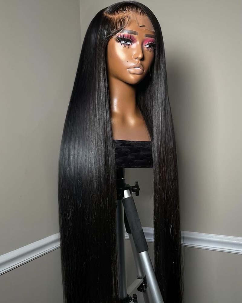 Naomi | Peruca preta sedosa, lisa, com renda frontal e fechamento em HD, sem cola