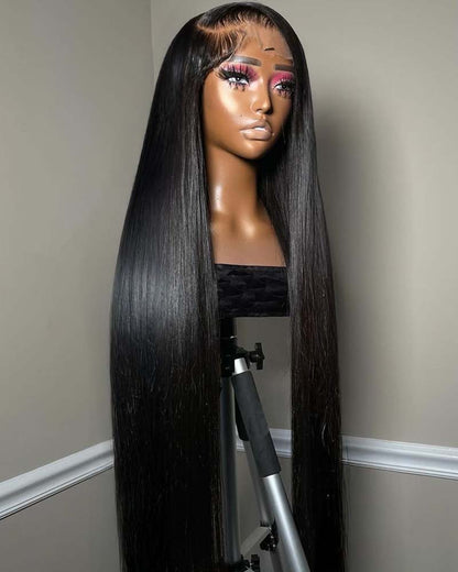 Naomi | Peruca preta sedosa, lisa, com renda frontal e fechamento em HD, sem cola