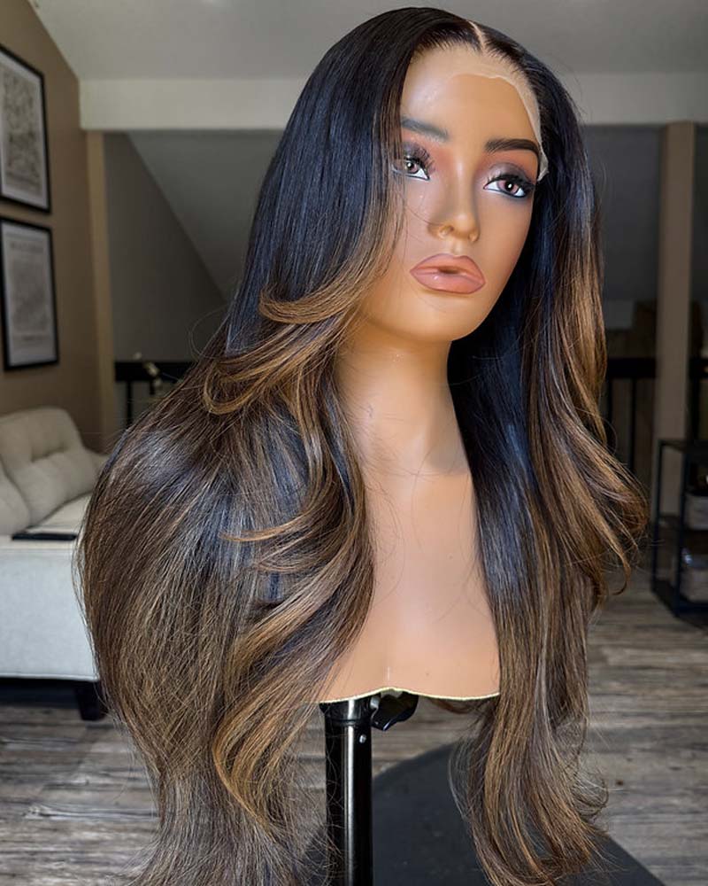 Taylor | Perruque en cheveux naturels avec dentelle HD sans colle et mèches brunes