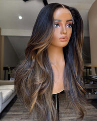 Taylor | Perruque en cheveux naturels avec dentelle HD sans colle et mèches brunes