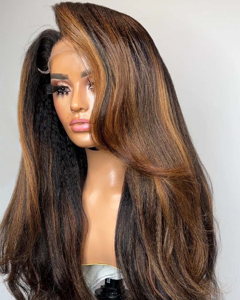 Emilia | Kinky Straight Highlight Brown HD Lace Glueless Wig