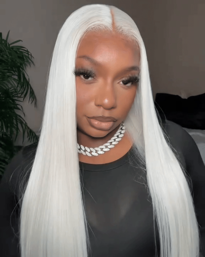 Dany | Peruca de cabelo humano com renda frontal e fechamento HD Icy Silver sem cola