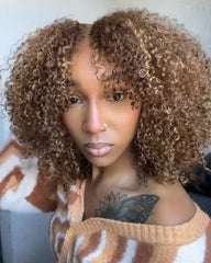 Ella | Perruque bouclée blonde miel avec mèches dégradées, sans colle, en dentelle HD