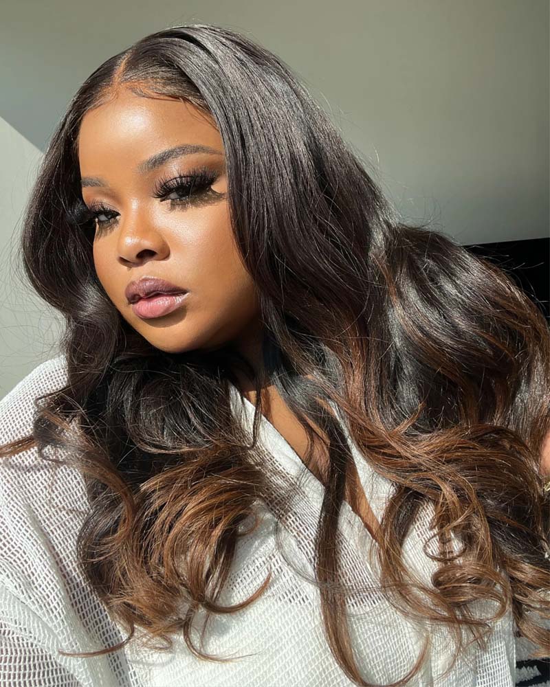 Elena | Perruque en cheveux humains noirs aux pointes brunes, dentelle HD sans colle