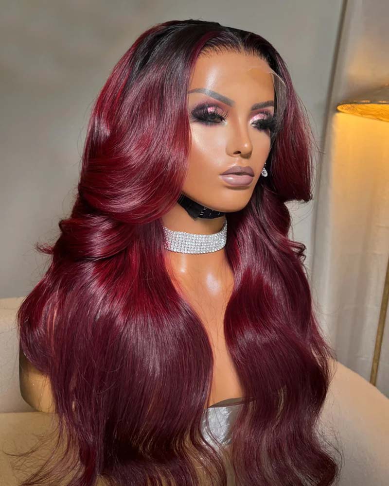 Julia | Peruca de cabelo humano com renda frontal e fechamento em bordô Dar Roots HD, sem cola