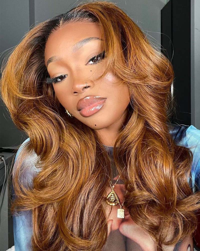 Claudia | Perruque en cheveux naturels blond roux avec racines foncées, sans colle, avec dentelle HD