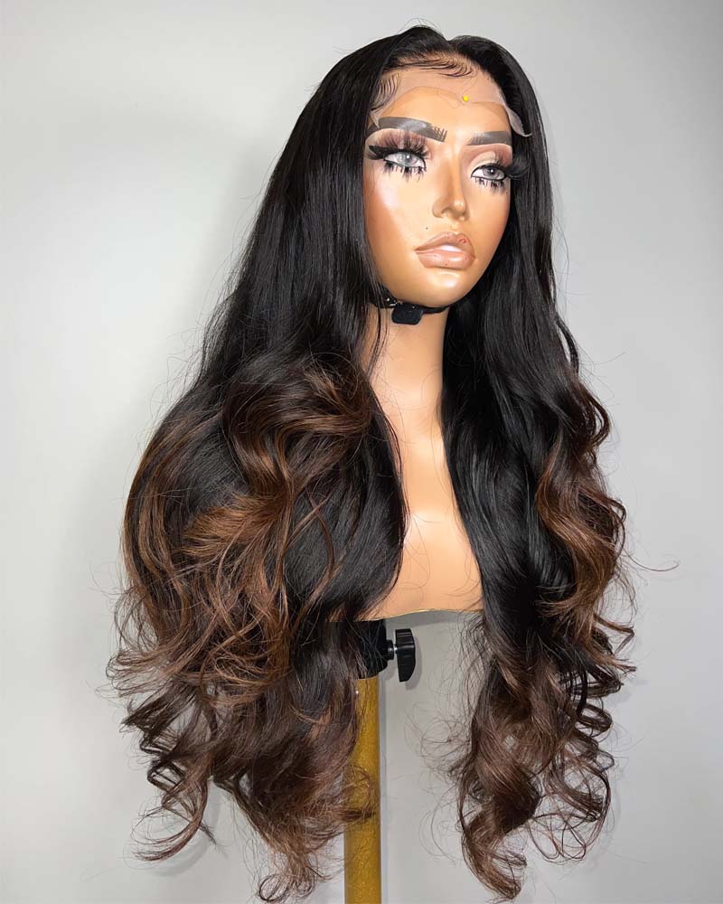 Elena | Perruque en cheveux humains noirs aux pointes brunes, dentelle HD sans colle