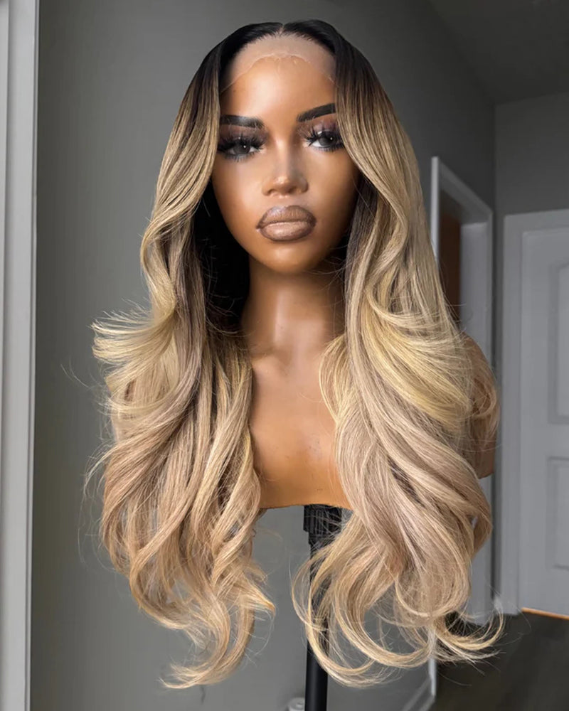 Morisa | Dark Roots Warm Blonde Layers Human Hair Glueless Wig