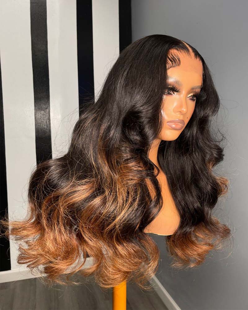 Perruque en cheveux naturels sans colle avec dentelle HD et pointes brun roux Elara