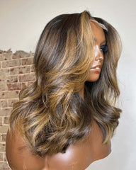 Perruque en cheveux humains avec dentelle HD sans colle, blond miel et reflets