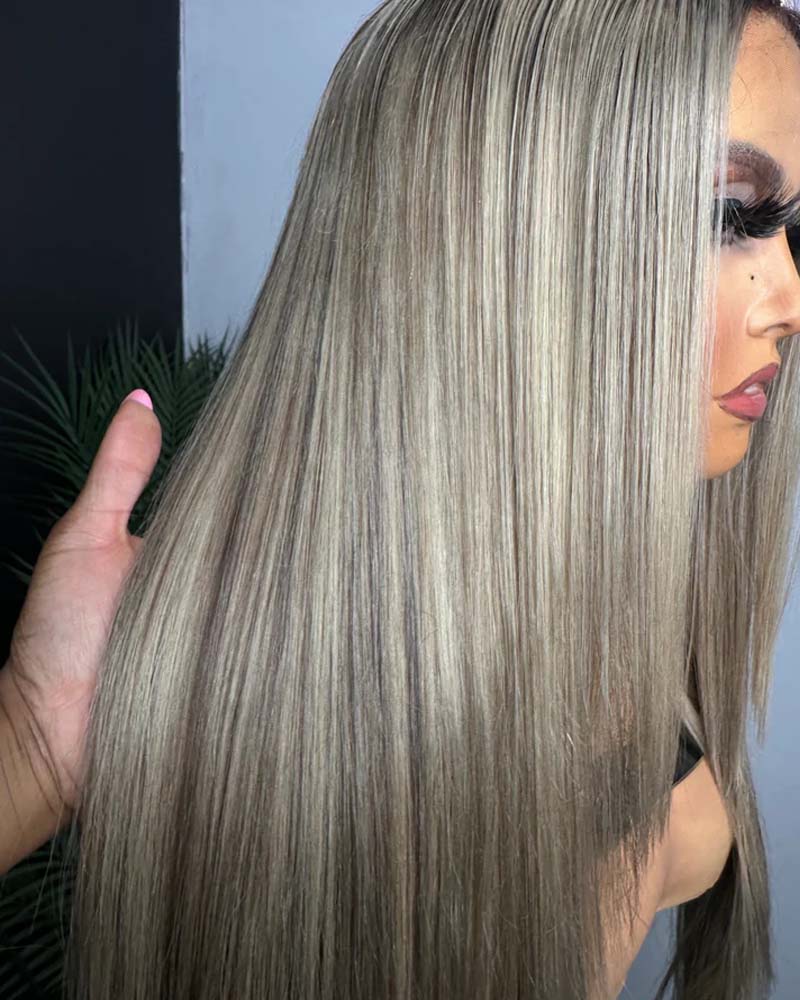 Perruque Angelina | Cheveux humains lisses blond cendré à couches, sans colle, avec dentelle HD