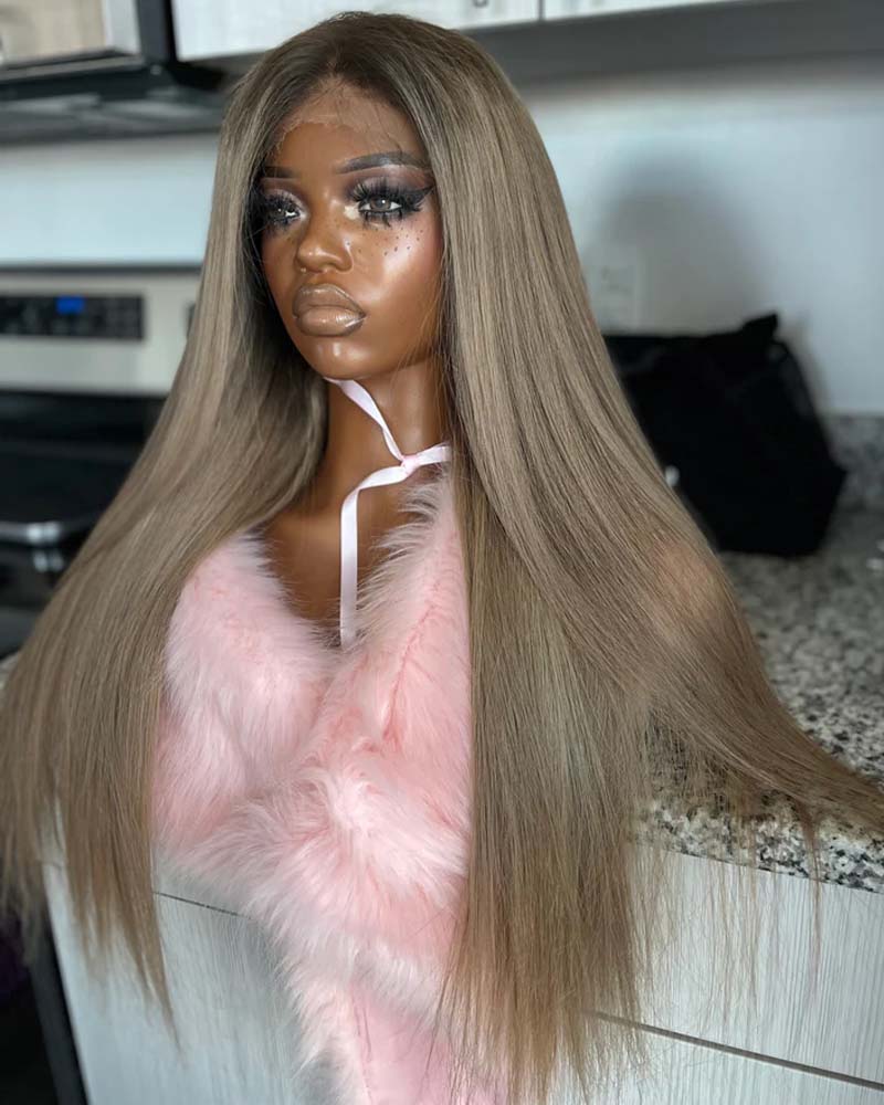 Mia | Perruque en cheveux humains lisses blond cendré foncé avec dentelle HD sans colle