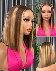 Bianka | Highlight/ Burgundy/ Brown/ Blonde/ Pink 13x4 Transparent Lace Bob Wig