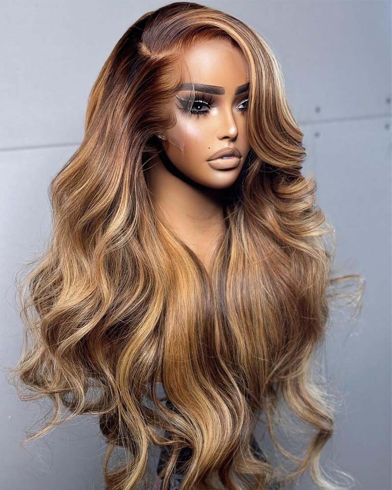 Alisha | Peruca de renda frontal transparente sem cola, com mechas de cabelo virgem, loiro mel, ondulado, 13x4