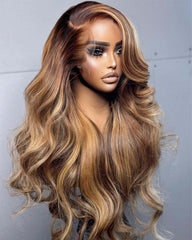 Alisha | Peruca de renda frontal transparente sem cola, com mechas de cabelo virgem, loiro mel, ondulado, 13x4