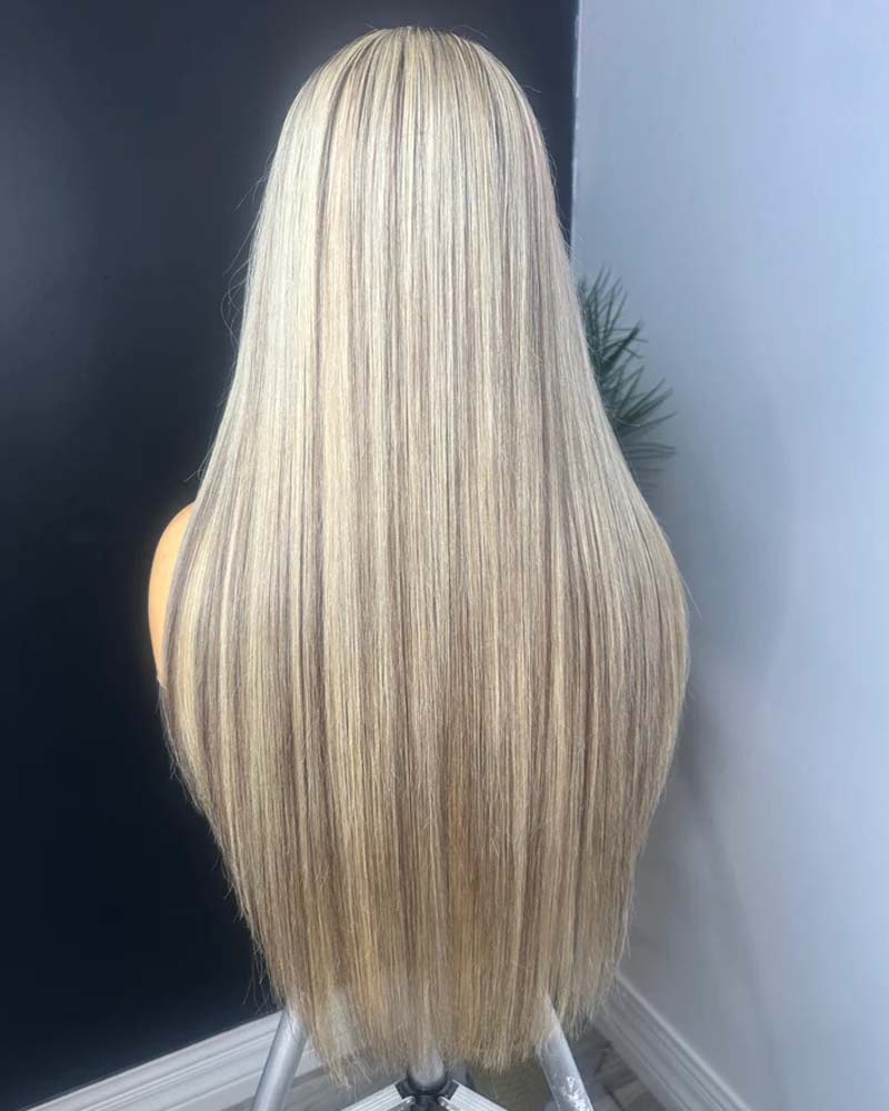 Perruque Angelina | Cheveux humains lisses blond cendré à couches, sans colle, avec dentelle HD