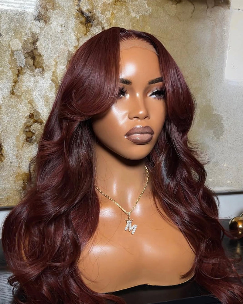 Beatrice | Dark Burgundy Curtain Bangs Human Hair Glueless Wig