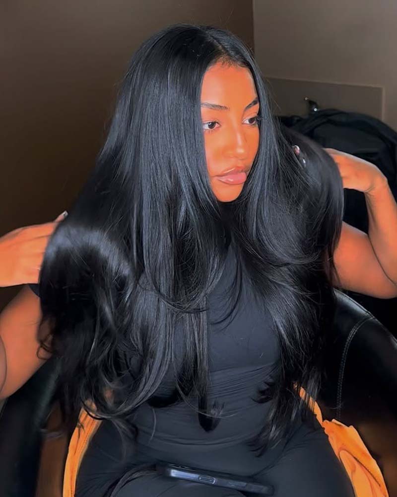 Naomi | Peruca preta sedosa, lisa, com renda frontal e fechamento em HD, sem cola