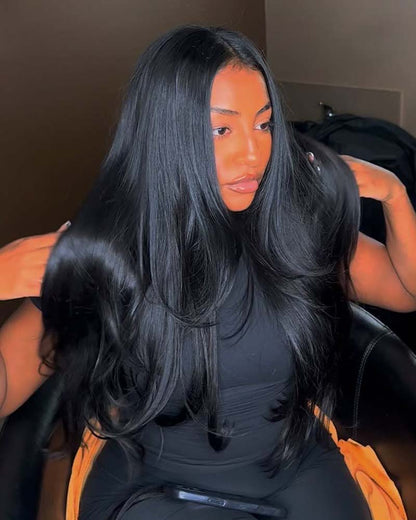 Naomi | Peruca preta sedosa, lisa, com renda frontal e fechamento em HD, sem cola