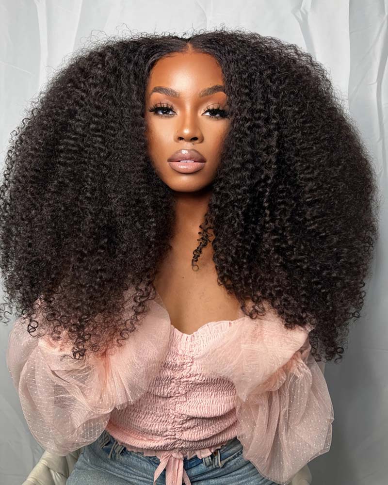 Nirocia | Peruca personalizada feita com 3/4 pacotes Kinky Curly HD Lace Wig sem cola