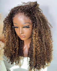 Latifa | Honey Blonde Highlight Kinky Curly Hybrid Hairline Wig