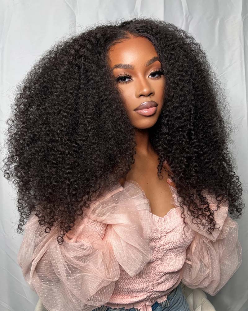 Nirocia | Peruca personalizada feita com 3/4 pacotes Kinky Curly HD Lace Wig sem cola