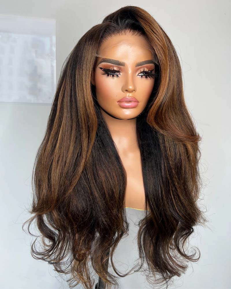 Emilia | Kinky Straight Highlight Brown HD Lace Glueless Wig