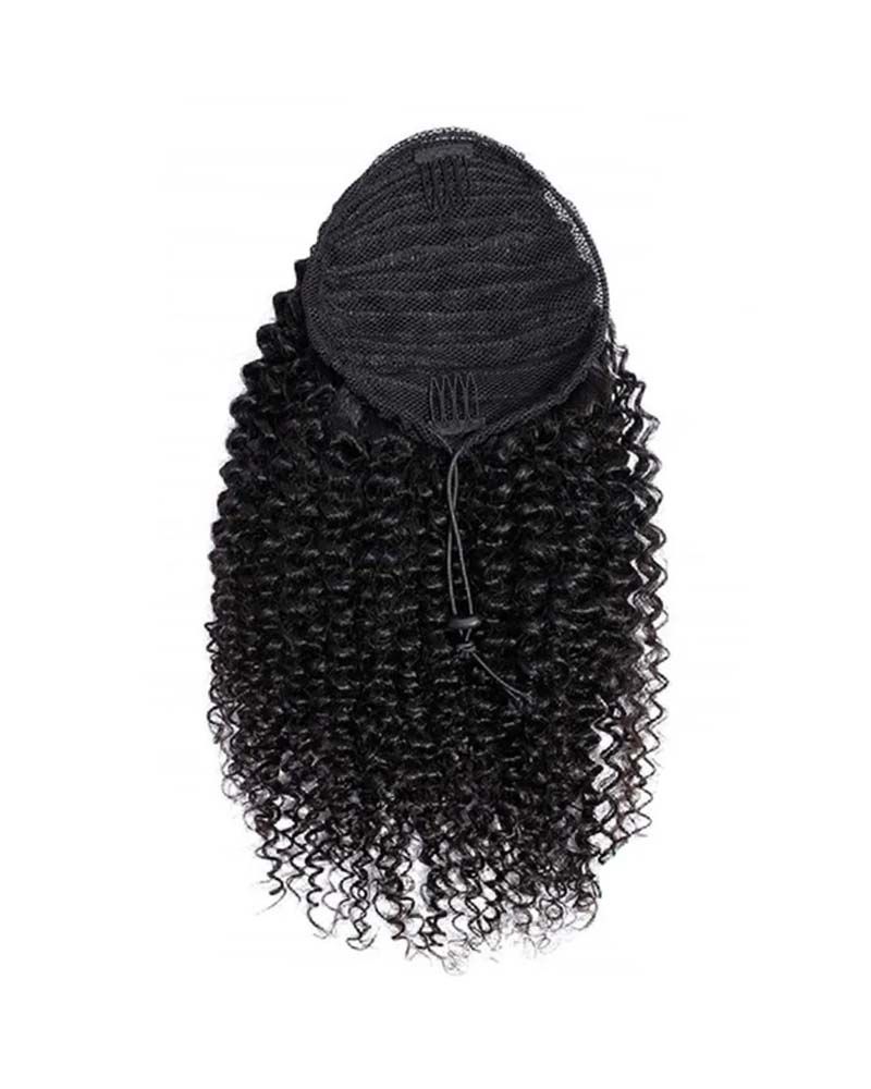 Queue de cheval épaisse en cheveux humains crépus bouclés avec cordon de serrage/velcro
