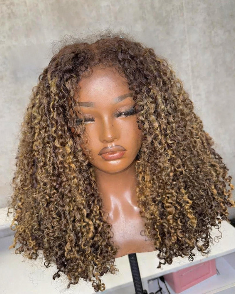 Latifa | Honey Blonde Highlight Kinky Curly Hybrid Hairline Wig