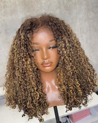Latifa | Honey Blonde Highlight Kinky Curly Hybrid Hairline Wig