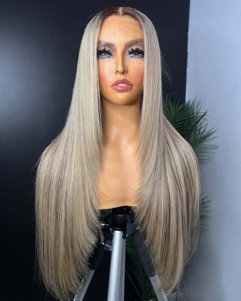 Perruque Angelina | Cheveux humains lisses blond cendré à couches, sans colle, avec dentelle HD