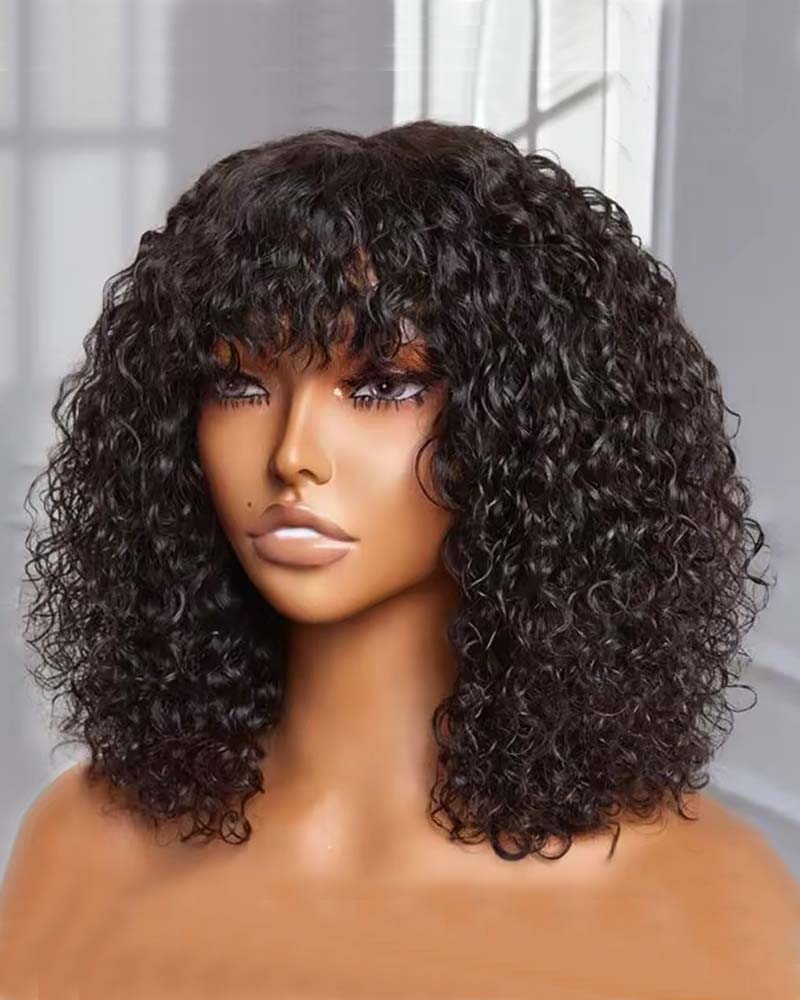 Kori | Cabelo cacheado com franja (sem renda) Peruca feita à máquina