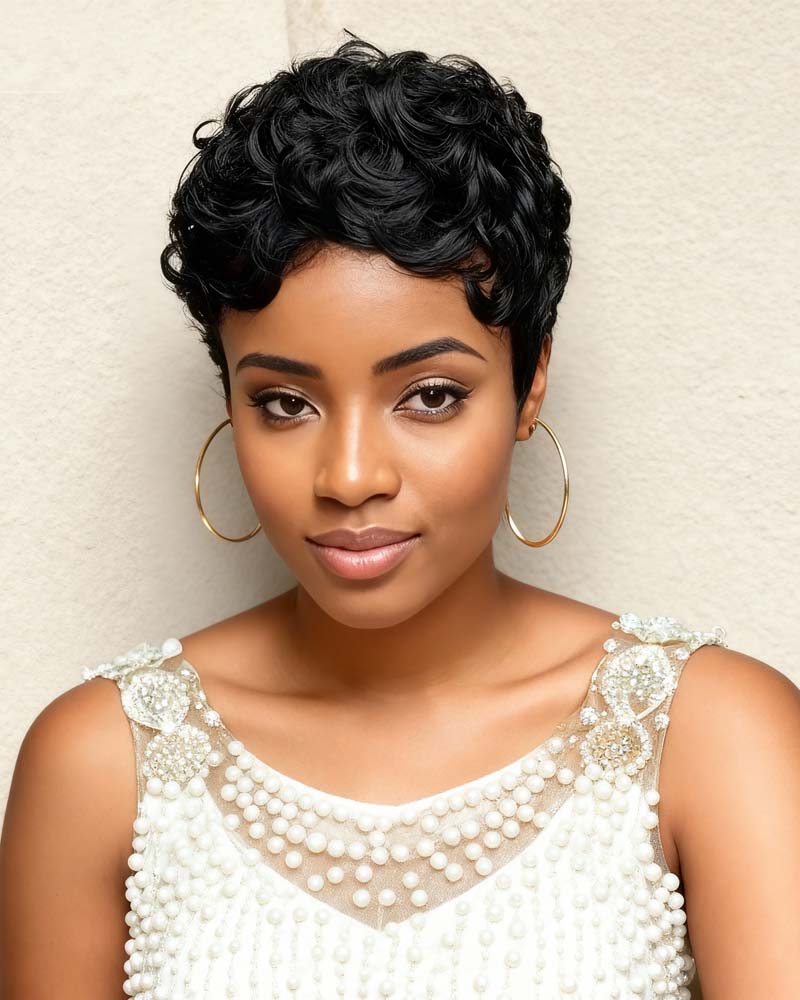 April | Soft Curly Wave Pixie Wig (No Lace, Full Machine Made Wig)