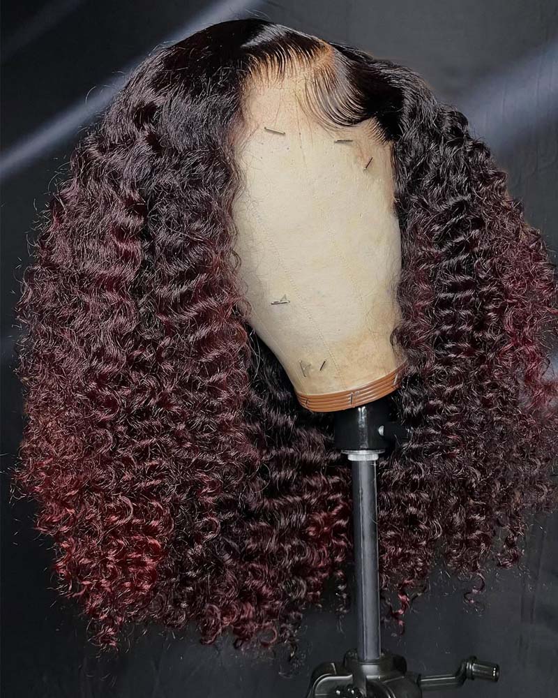 Reyna | Ombre Dark Burgundy Curly Human Hair HD Lace Glueless Wig